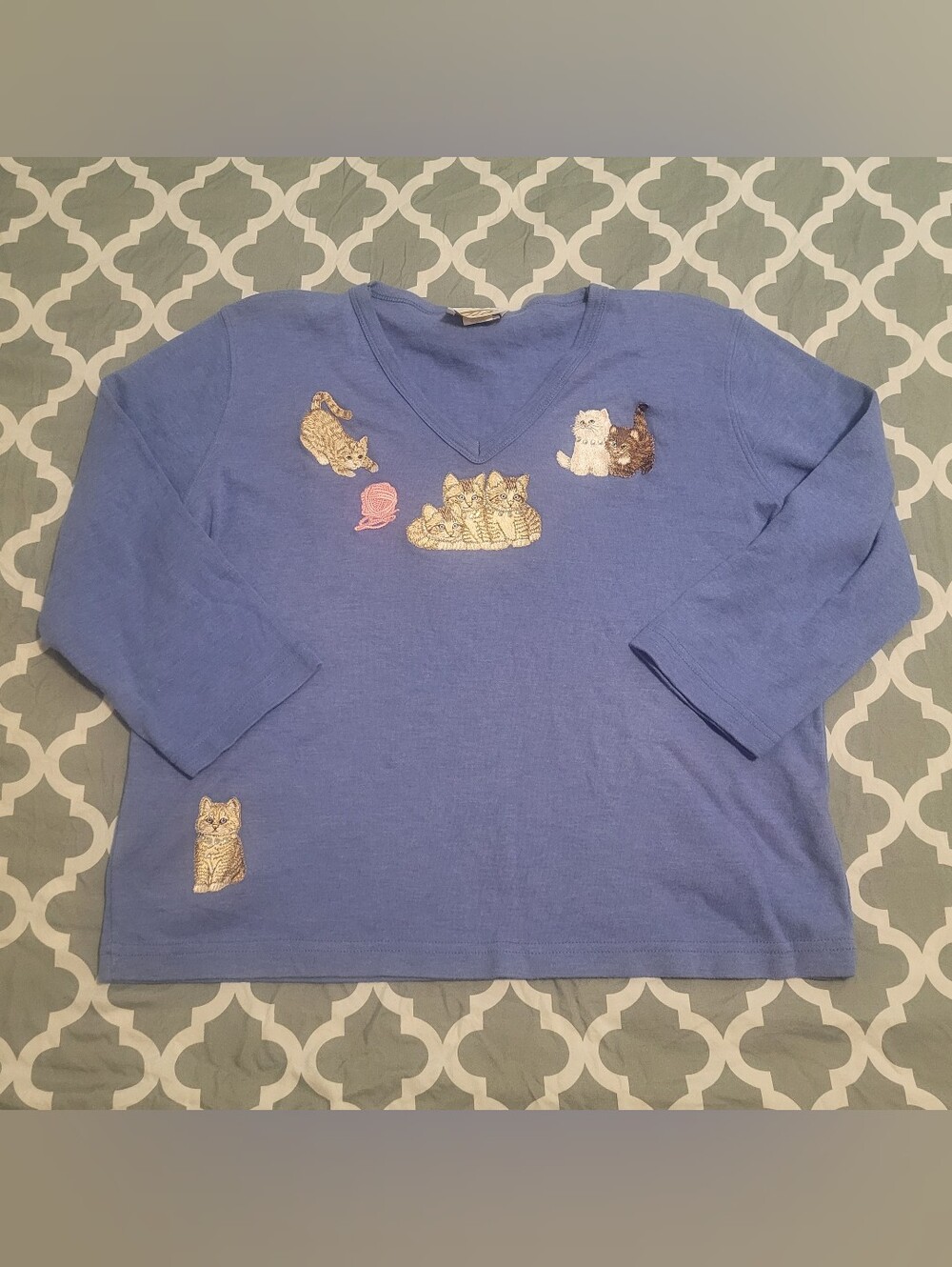 Vtg Tia Designs Sz M Blue Deep V Neck Embroidered Applique Cat Top USA Made